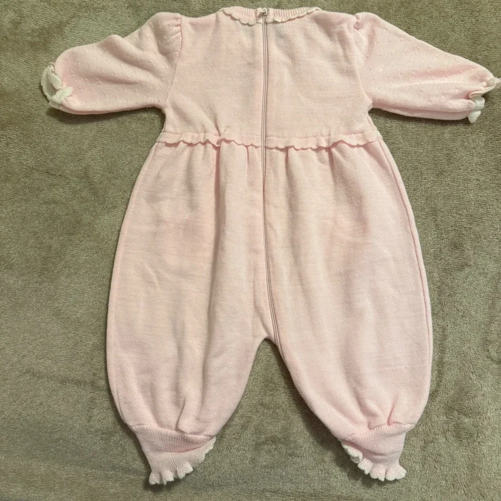 Vintage Bebe Glynne Percy Pink Knit Bear Romper Sleeper Kids 6-9 Months